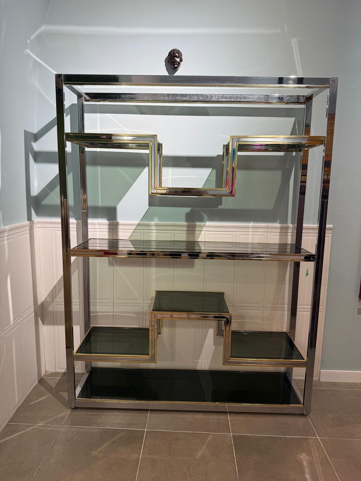 Chrome Metal And Brass Minimalist Bookcase Romeo Rega 1970 Italy photo furniture