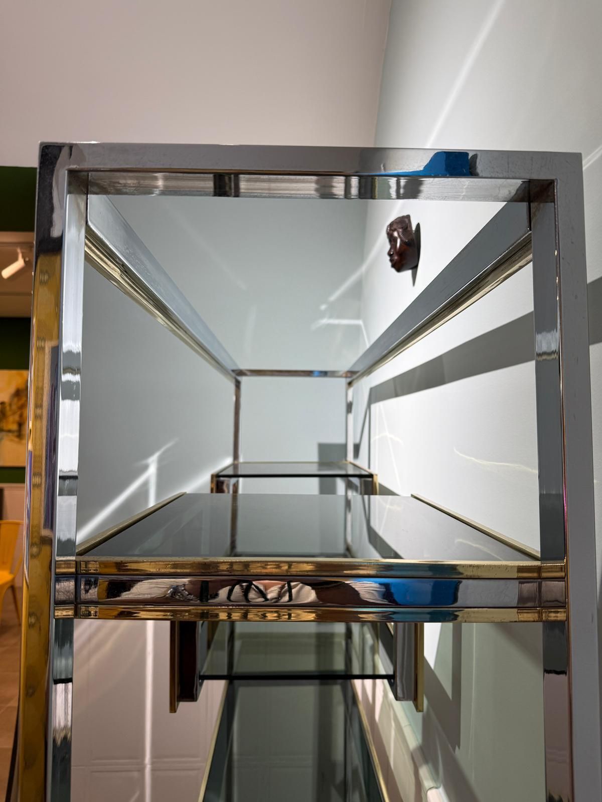 Chrome Metal And Brass Minimalist Bookcase Romeo Rega 1970 Italy photo 4780.0