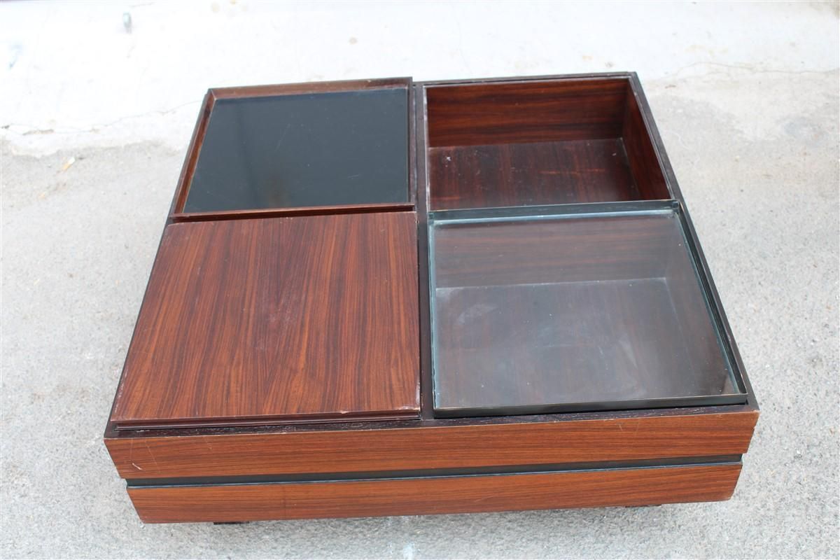photo for sale Low Square Wooden Coffee Table With Trays Luigi Sormani 1960 Italy Brass