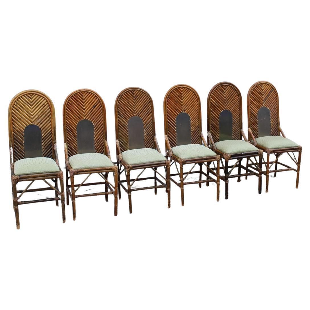 6 Chairs High Back Bamboo And Brass Italian Design 1970s