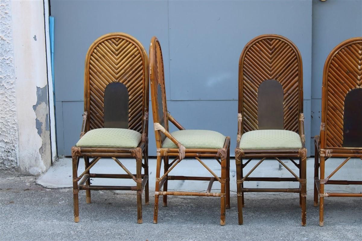 6 Chairs High Back Bamboo And Brass Italian Design 1970s photo vintage
