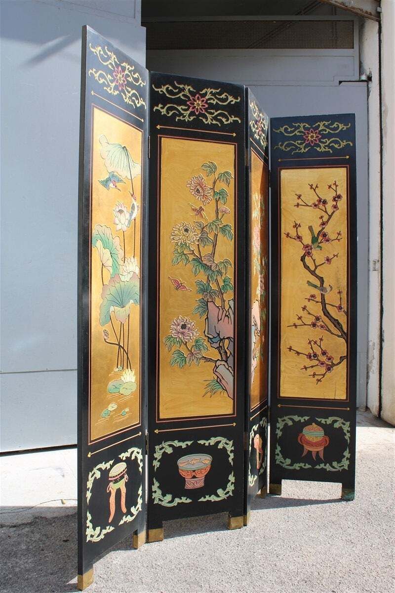 4 Panel Wood With Colored Enamels And Chinese Gold Leaf Lotus Flowers And Herons photo furniture