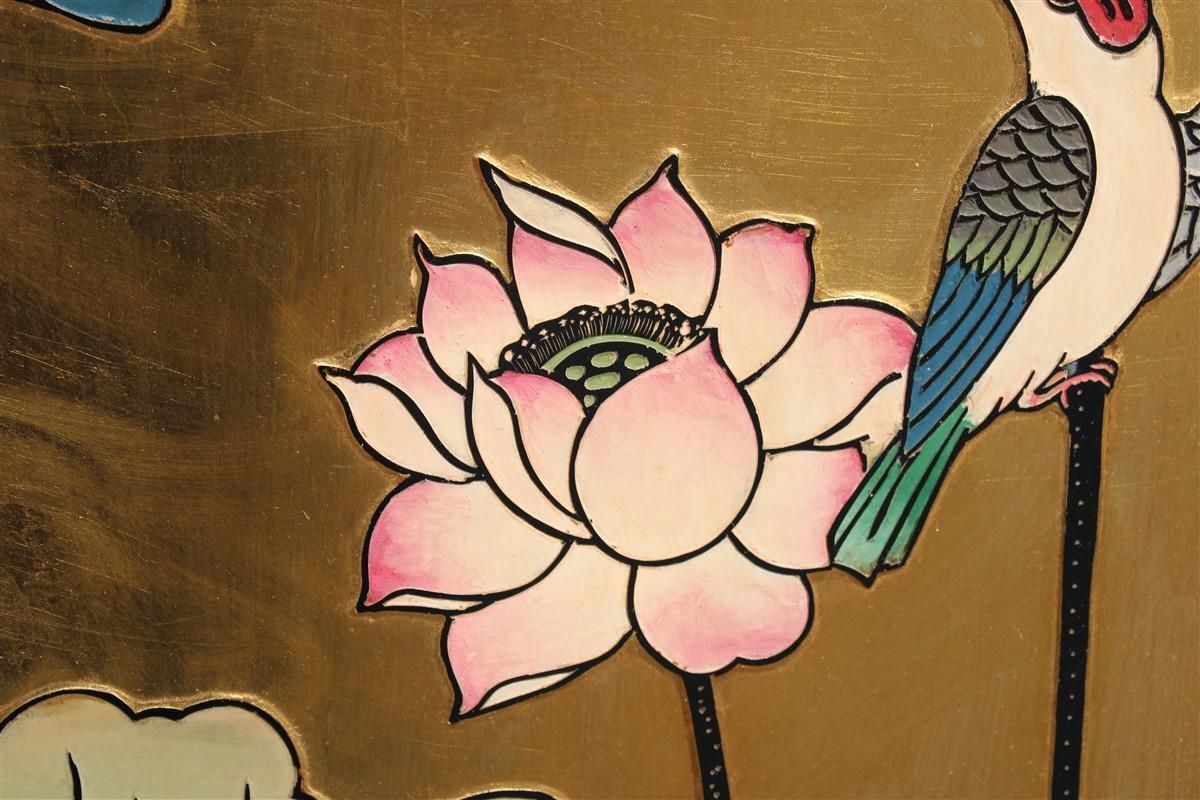 4 Panel Wood With Colored Enamels And Chinese Gold Leaf Lotus Flowers And Herons photo buy