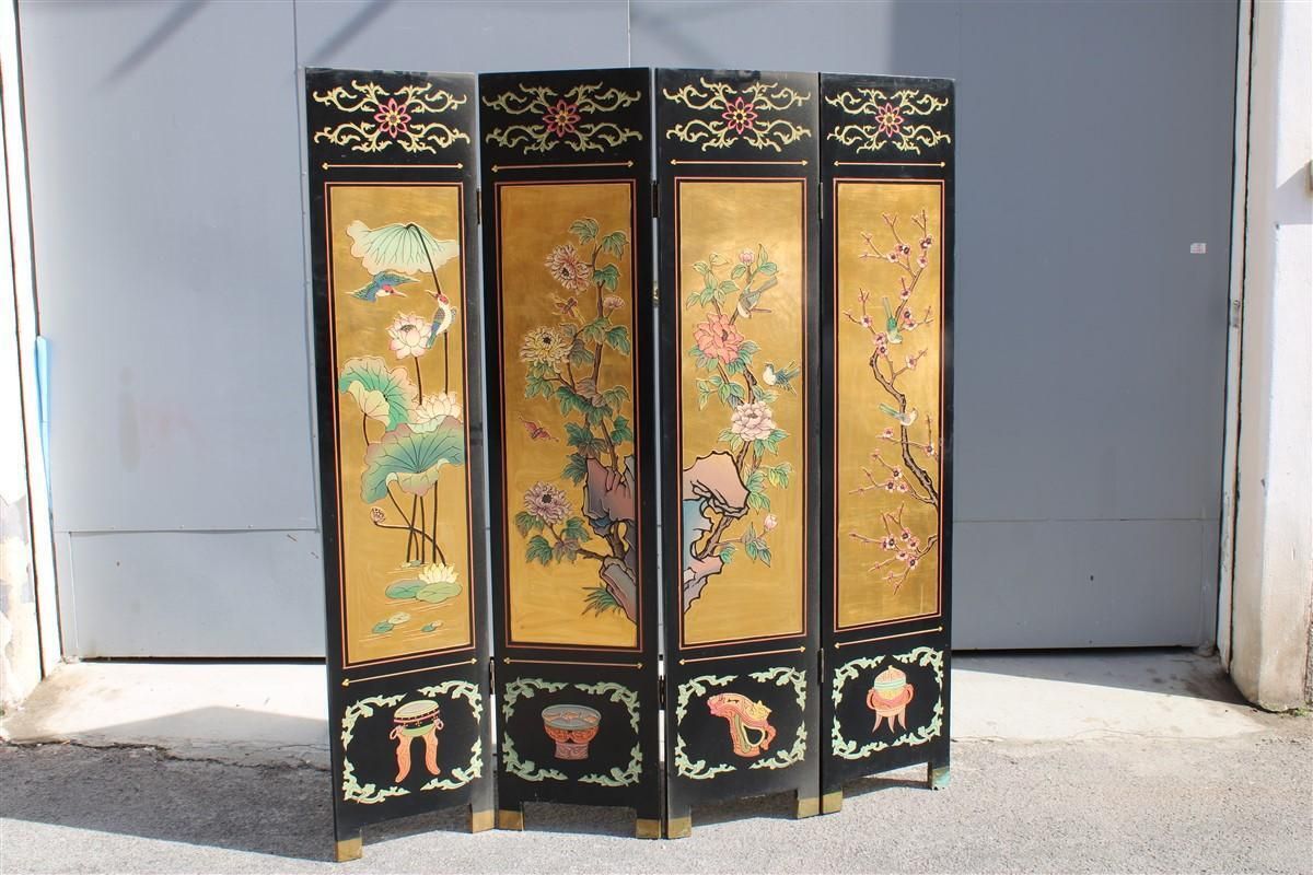 photo buy 4 Panel Wood With Colored Enamels And Chinese Gold Leaf Lotus Flowers And Herons