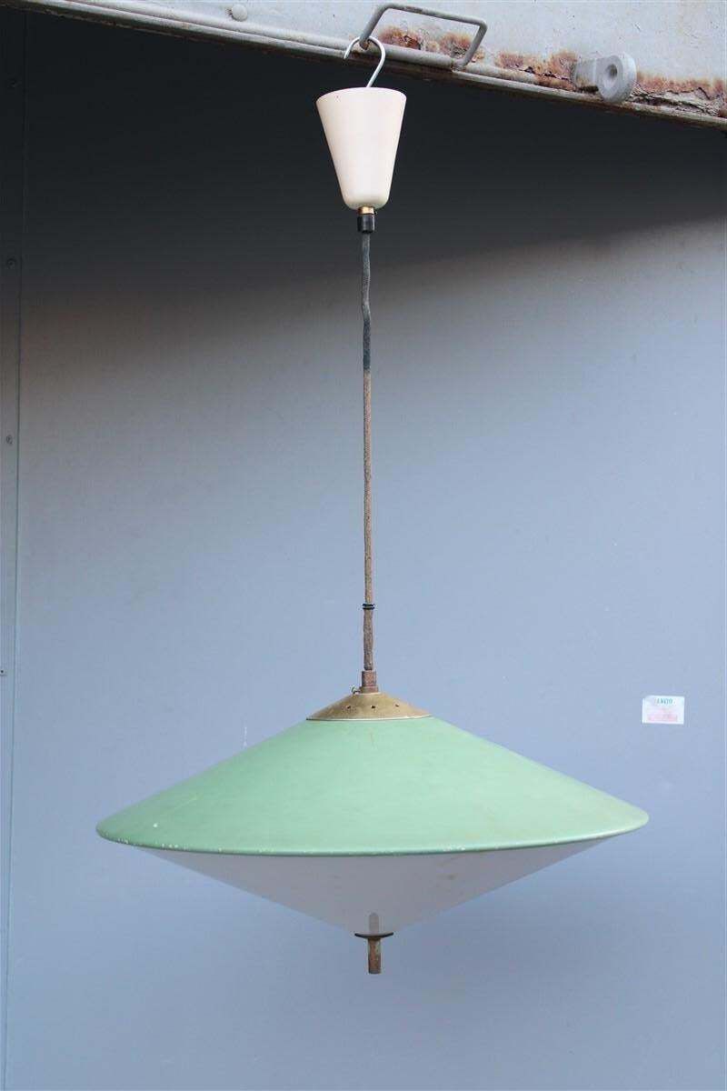 Mid Century Italian Design Chandelier Green Metal Brass Parts 1950s Ufo photo for sale
