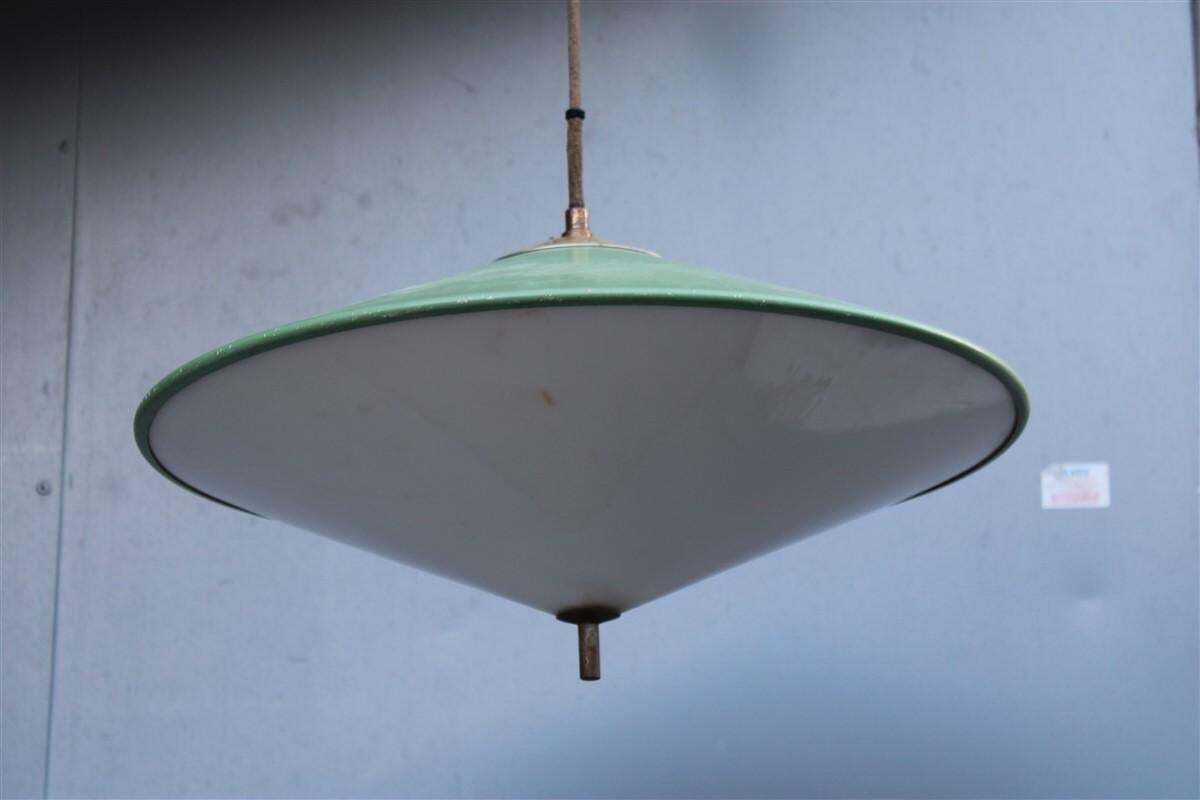 Mid Century Italian Design Chandelier Green Metal Brass Parts 1950s Ufo photo Lighting