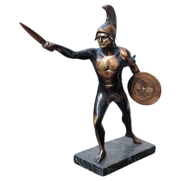 Figurative Sculpture In Aged Metal Of A Roman Warrior Gladiator 1950