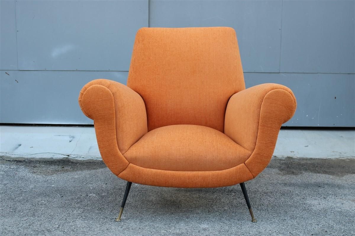 Midcentury Italian Design Armchair Orange Velvet Brass Iron Feet Gigi Radice photo 2974.0