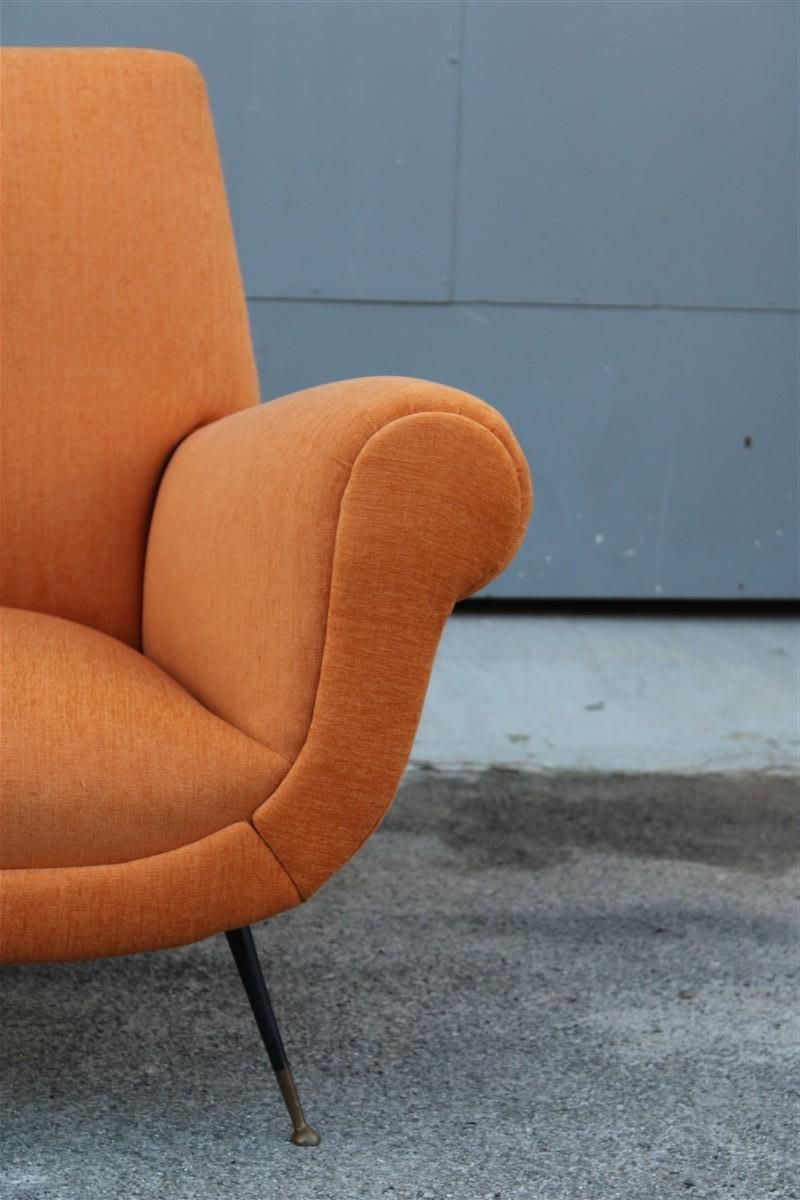 Midcentury Italian Design Armchair Orange Velvet Brass Iron Feet Gigi Radice photo vinterior