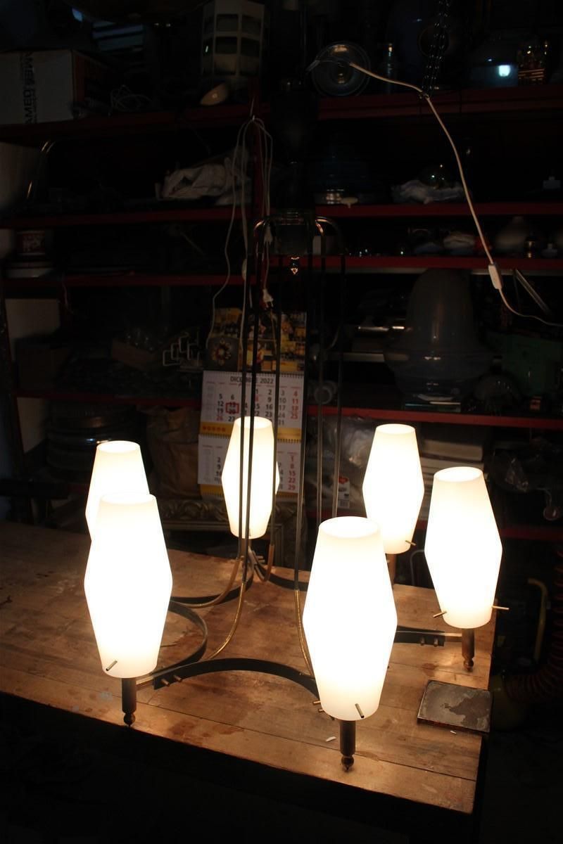 Round Mid Century Italian Stilnovo Style Chandelier Brass Murano Glass 1950 photo furniture