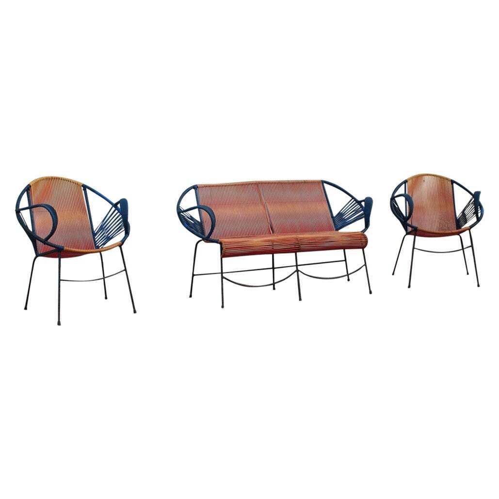 Mid Century Italian Red And Blue Metal And Plastic Sofa And Armchairs 1950