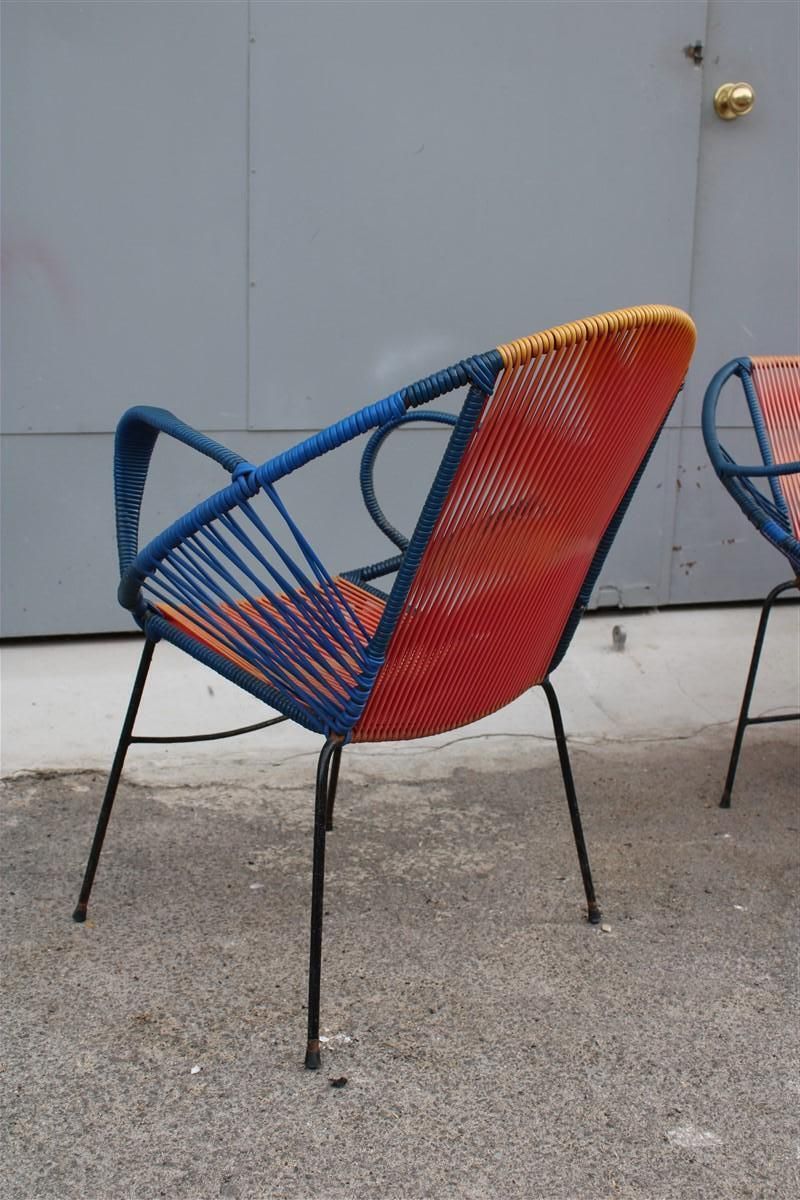photo vinterior Mid Century Italian Red And Blue Metal And Plastic Sofa And Armchairs 1950