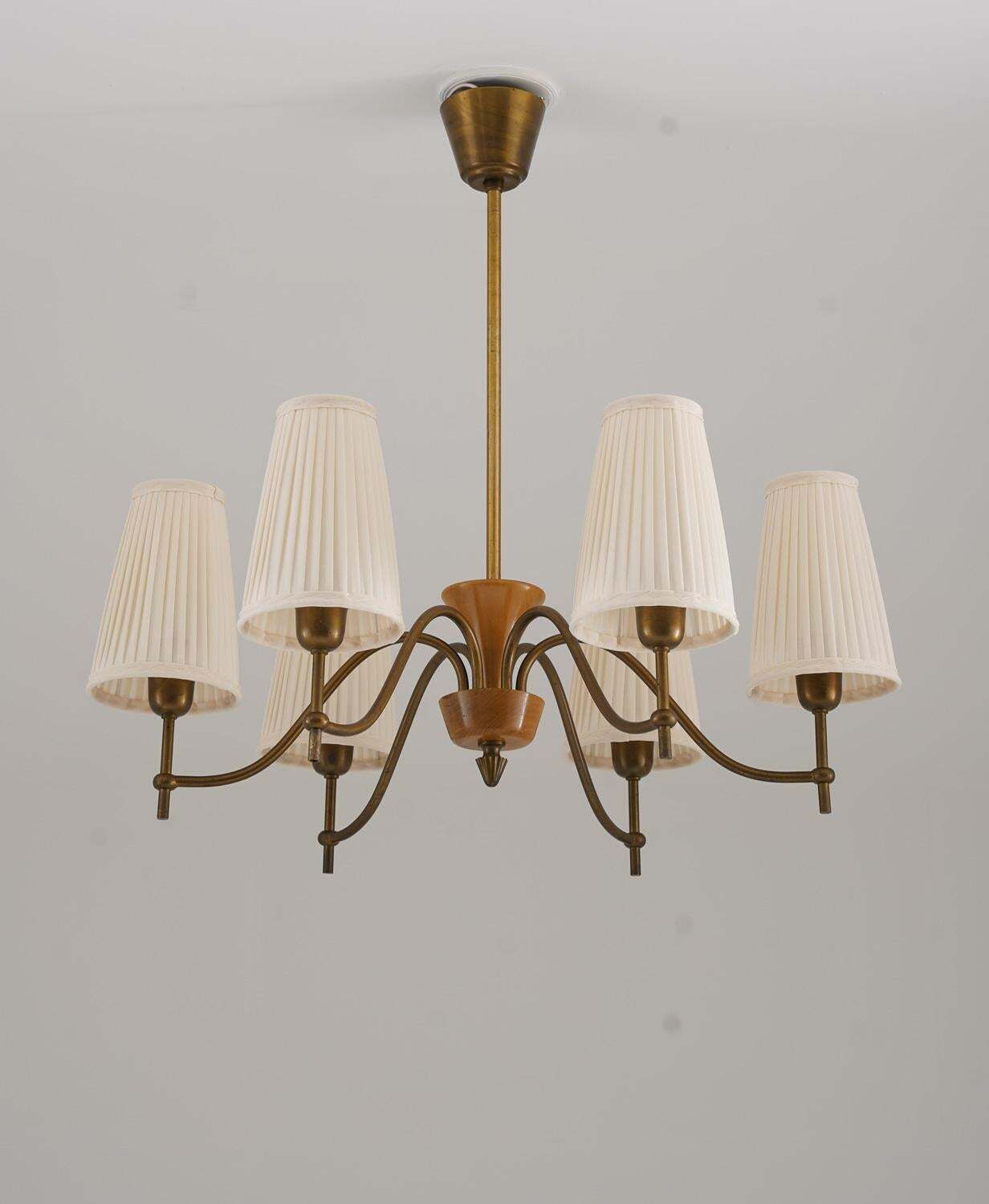 Swedish Modern Chandelier By Böhlmarks In Brass And Wood, 1940s photo for sale