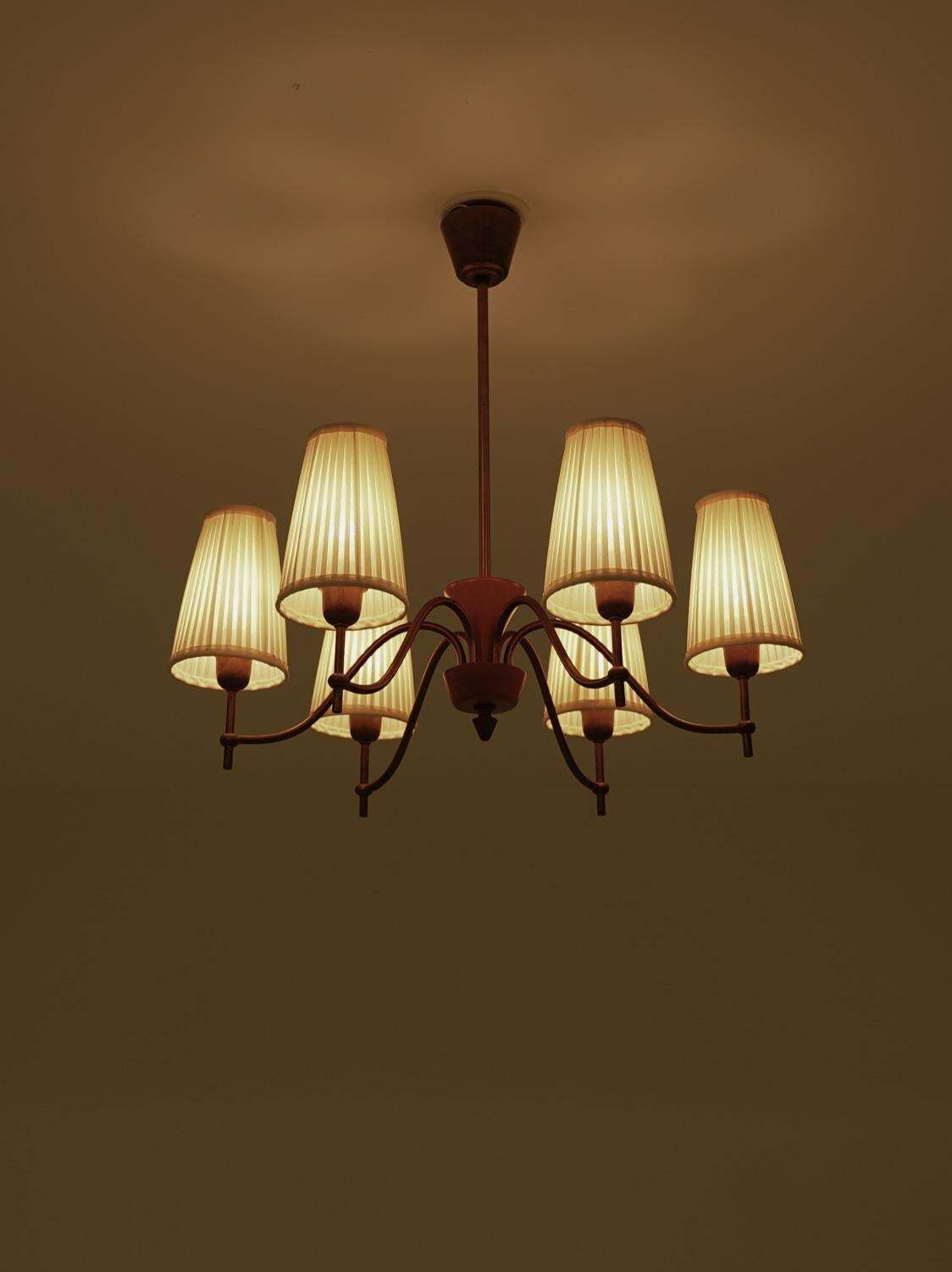 Swedish Modern Chandelier By Böhlmarks In Brass And Wood, 1940s photo buy