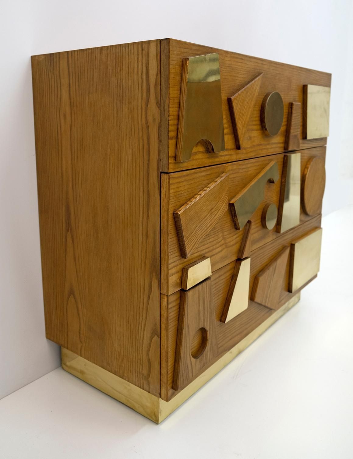photo for sale Brutalist Italian Ash Tree And Brass Chests Of Drawers, Two