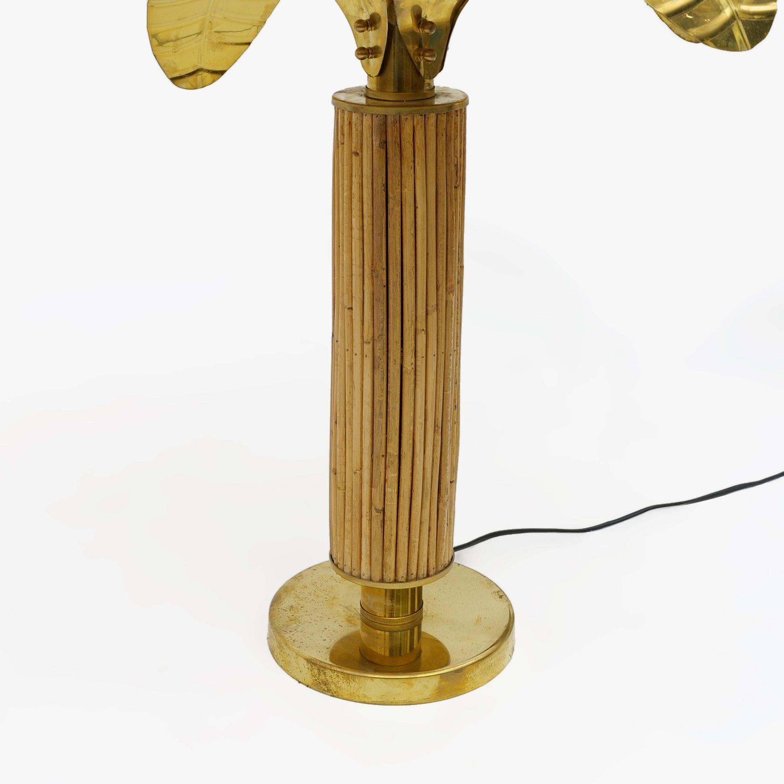 Pair Of Mid Century Modern Italian Brass And Rattan Palm Tree Lamps, 1970s photo vinterior
