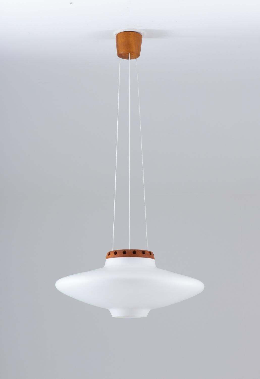 Swedish Midcentury Pendant In Oak And Opaline Glass By Luxus photo furniture