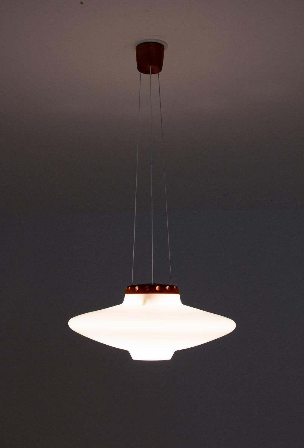 photo for sale Swedish Midcentury Pendant In Oak And Opaline Glass By Luxus
