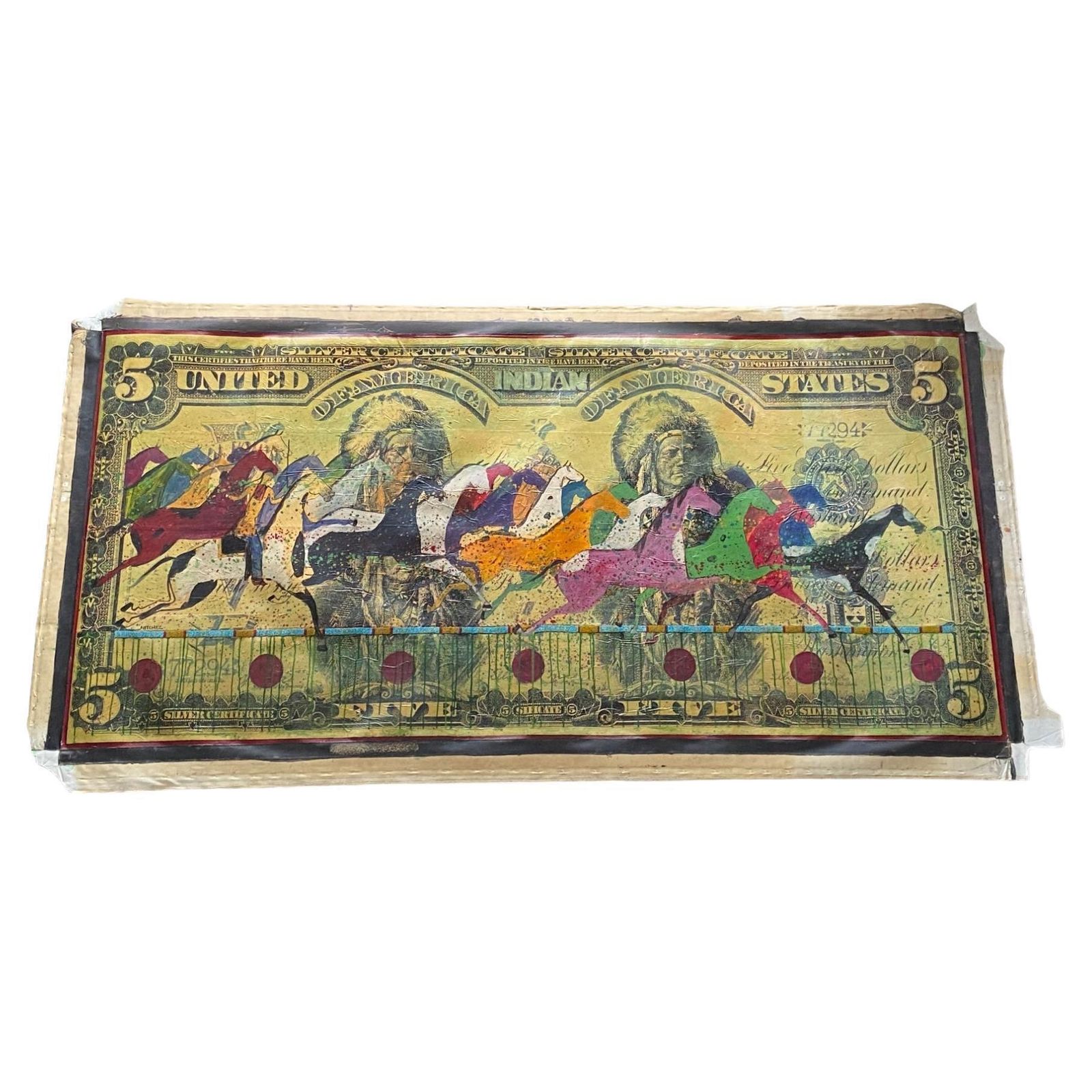 Stan Natchez (Shoshone/Paiute, B.1954) Horses And Navajos On A 5 Dollar Bill