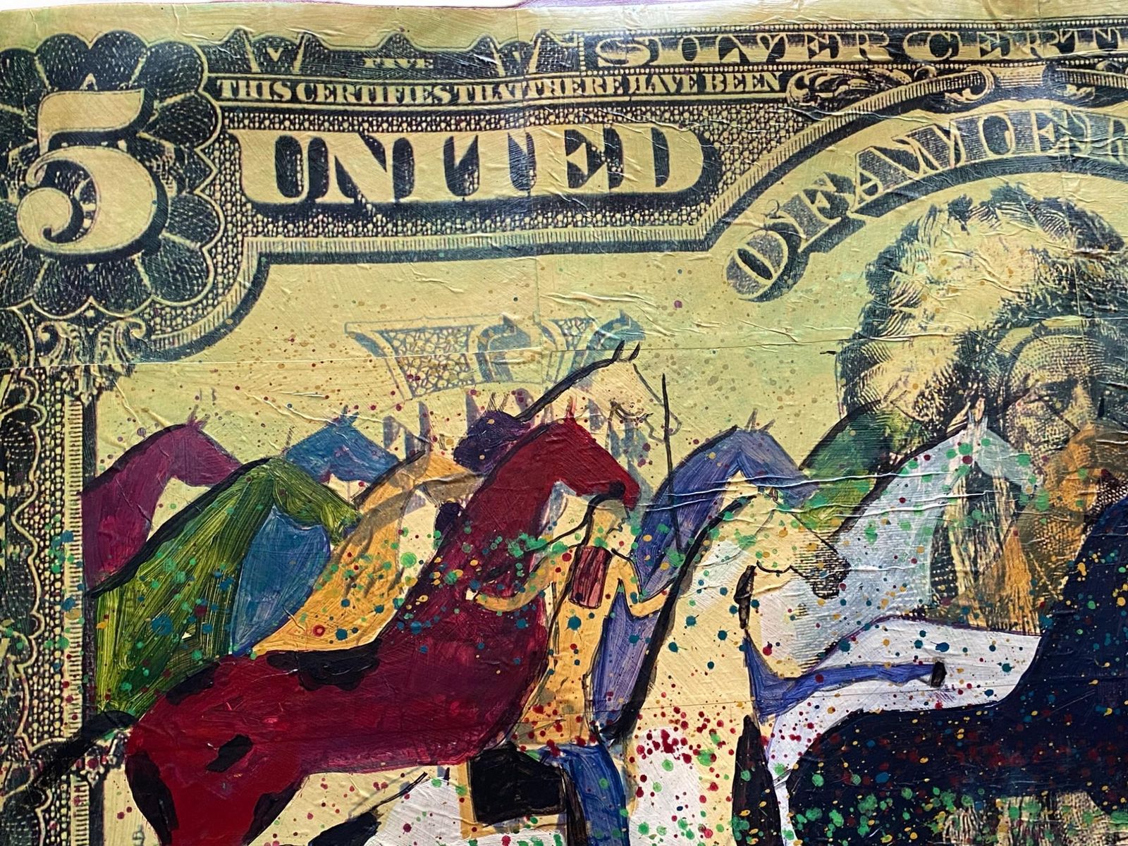 Stan Natchez (Shoshone/Paiute, B.1954) Horses And Navajos On A 5 Dollar Bill photo buy