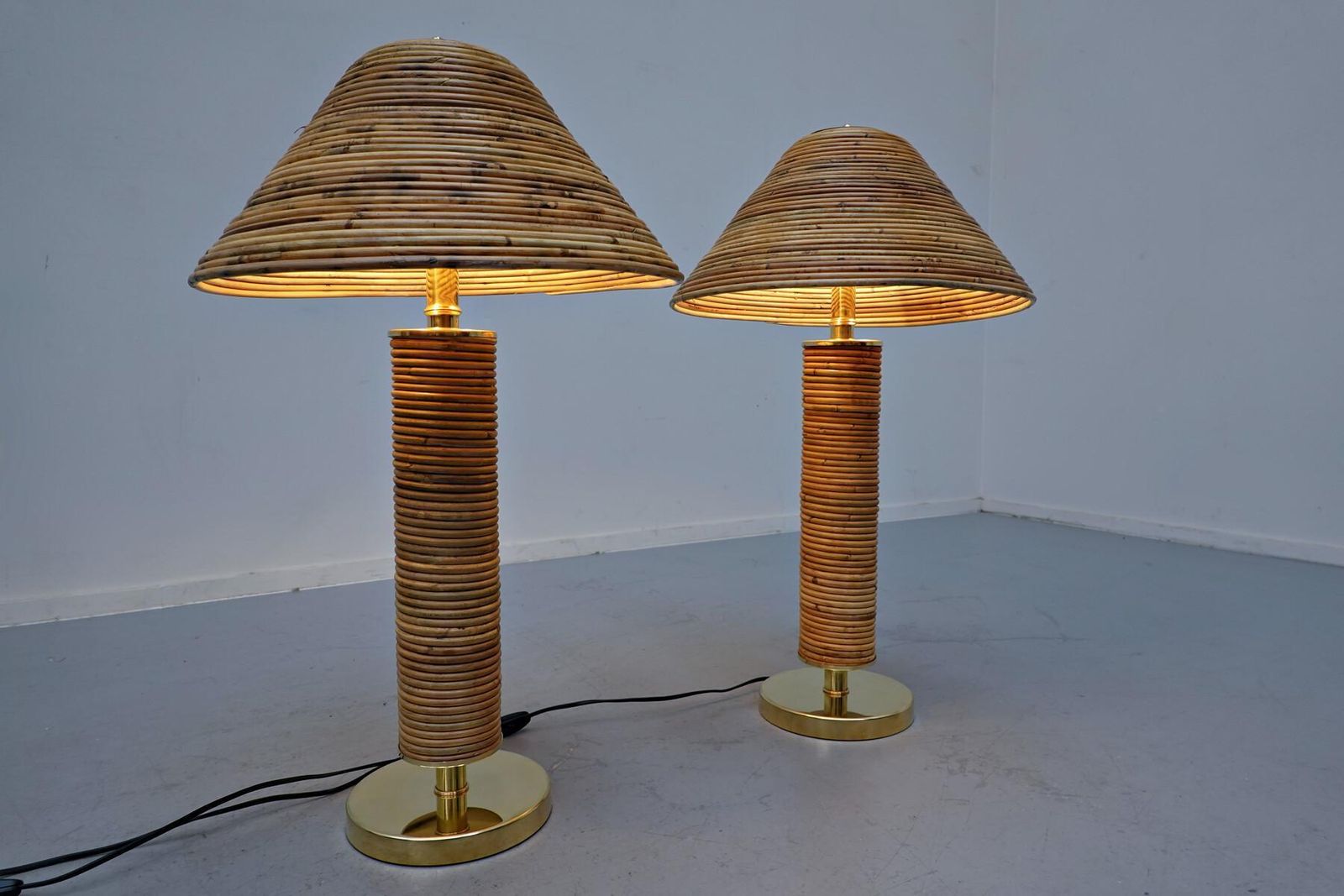 Contemporary Pair Of Brass And Bamboo Table Lamp, Italy photo Lighting
