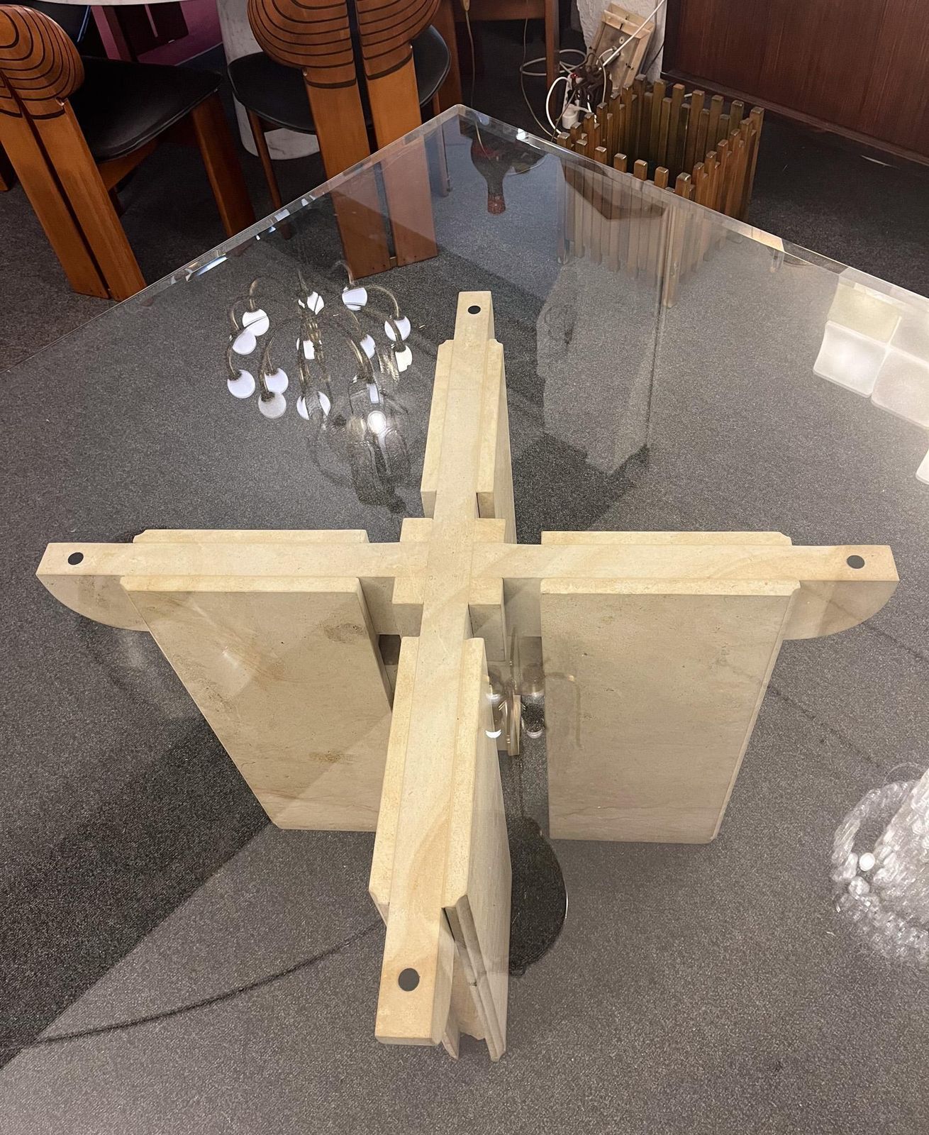 Dining Room Table In Travertine With Glass Top, Italy, 1970s photo Furniture