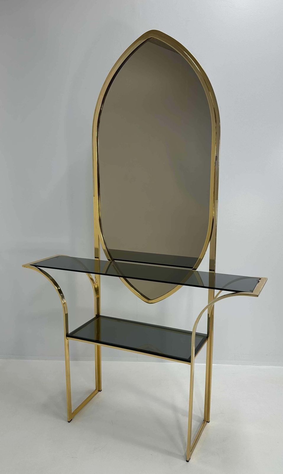 Italian Mirror And Curved Brass Console, 1970s photo Furniture