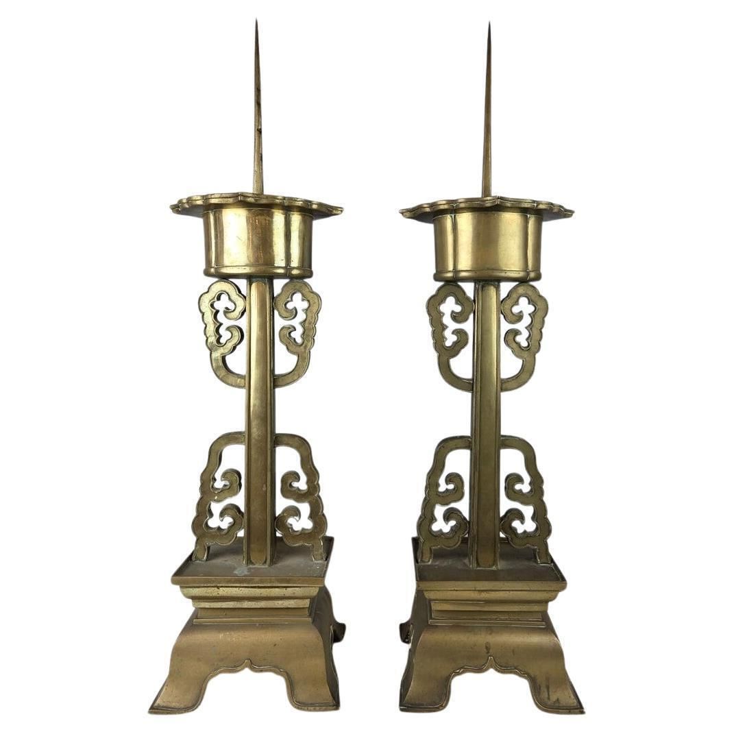 Pair Of Large Bronze Candlesticks, Chinese Work, Late 19th Century