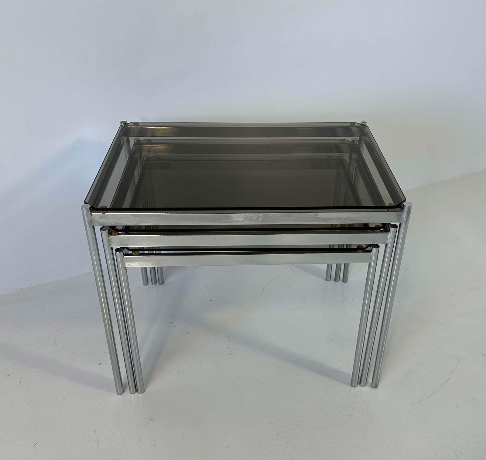 Italian Midcentury Set Of Three Chromed Metal Glass Stackable Tray Tables, 1970s photo buy