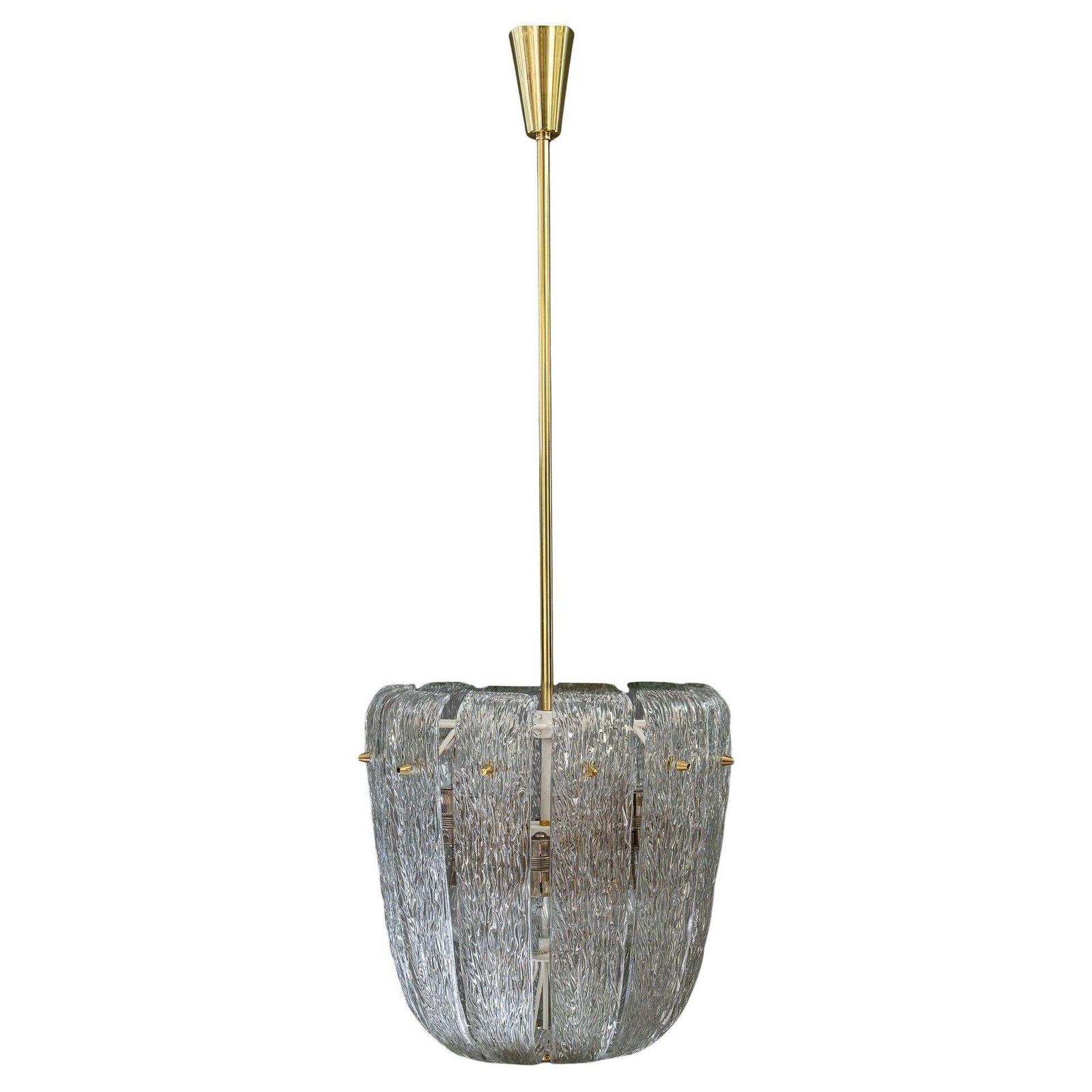 Modern Mid Century Chandelier With Brass And Curved Textured Glass By J.T Kalmar