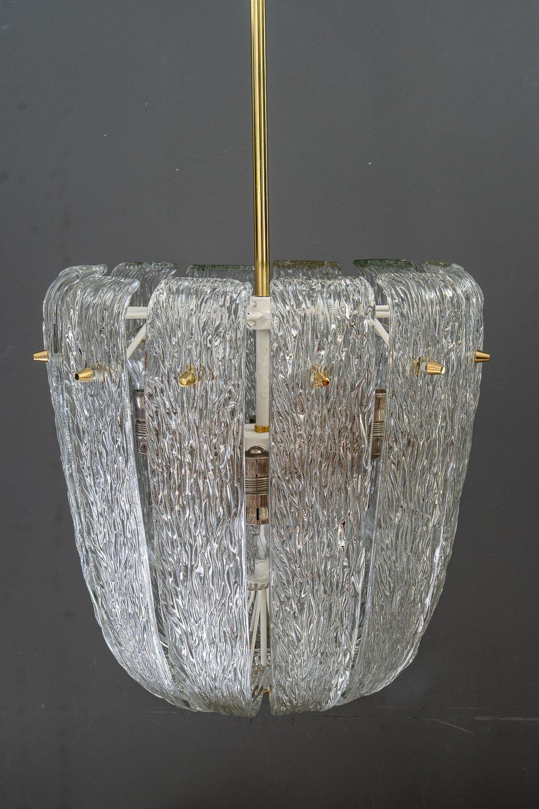 Modern Mid Century Chandelier With Brass And Curved Textured Glass By J.T Kalmar photo Lighting