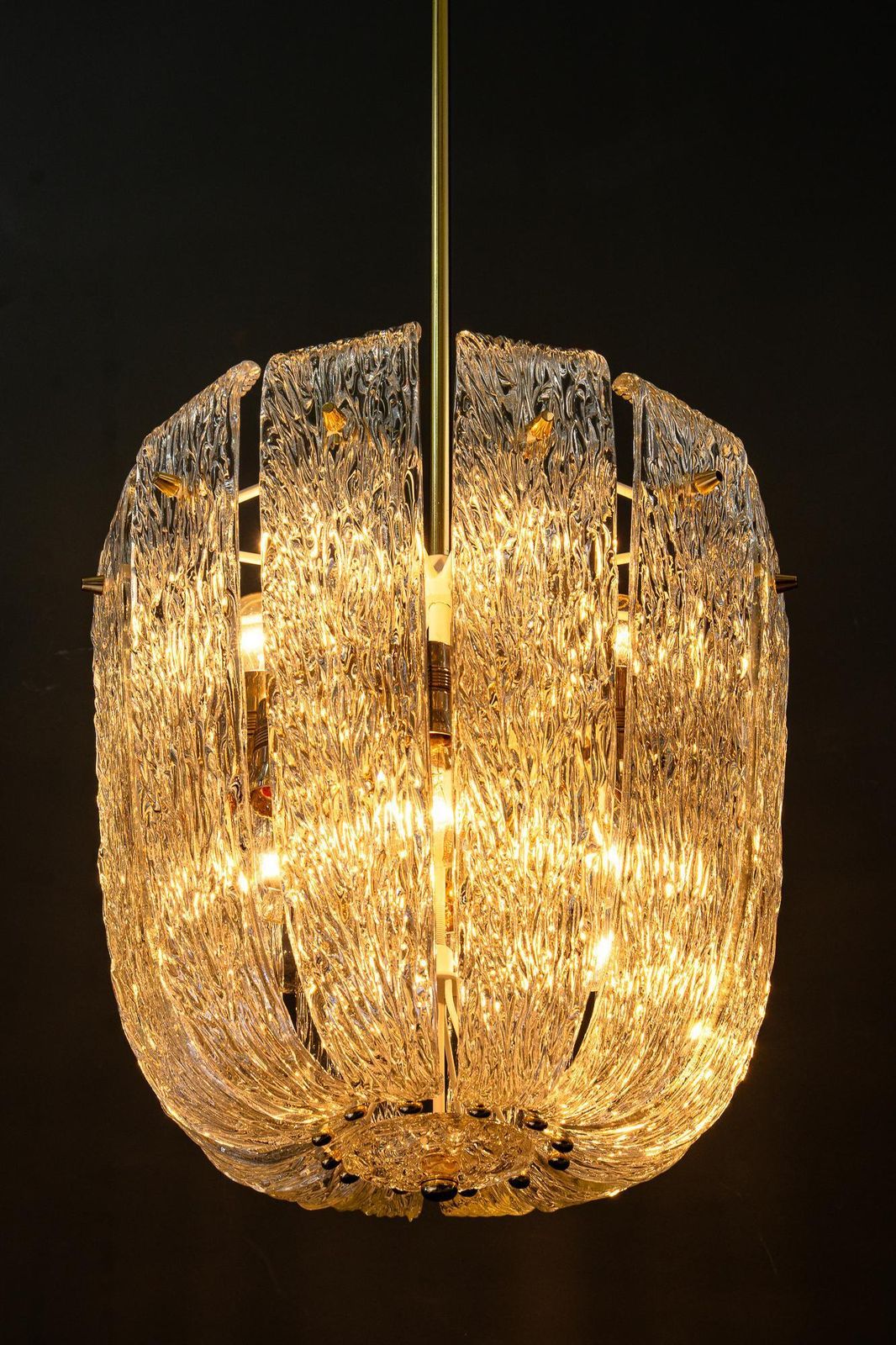 3716.0 Modern Mid Century Chandelier With Brass And Curved Textured Glass By J.T Kalmar photo