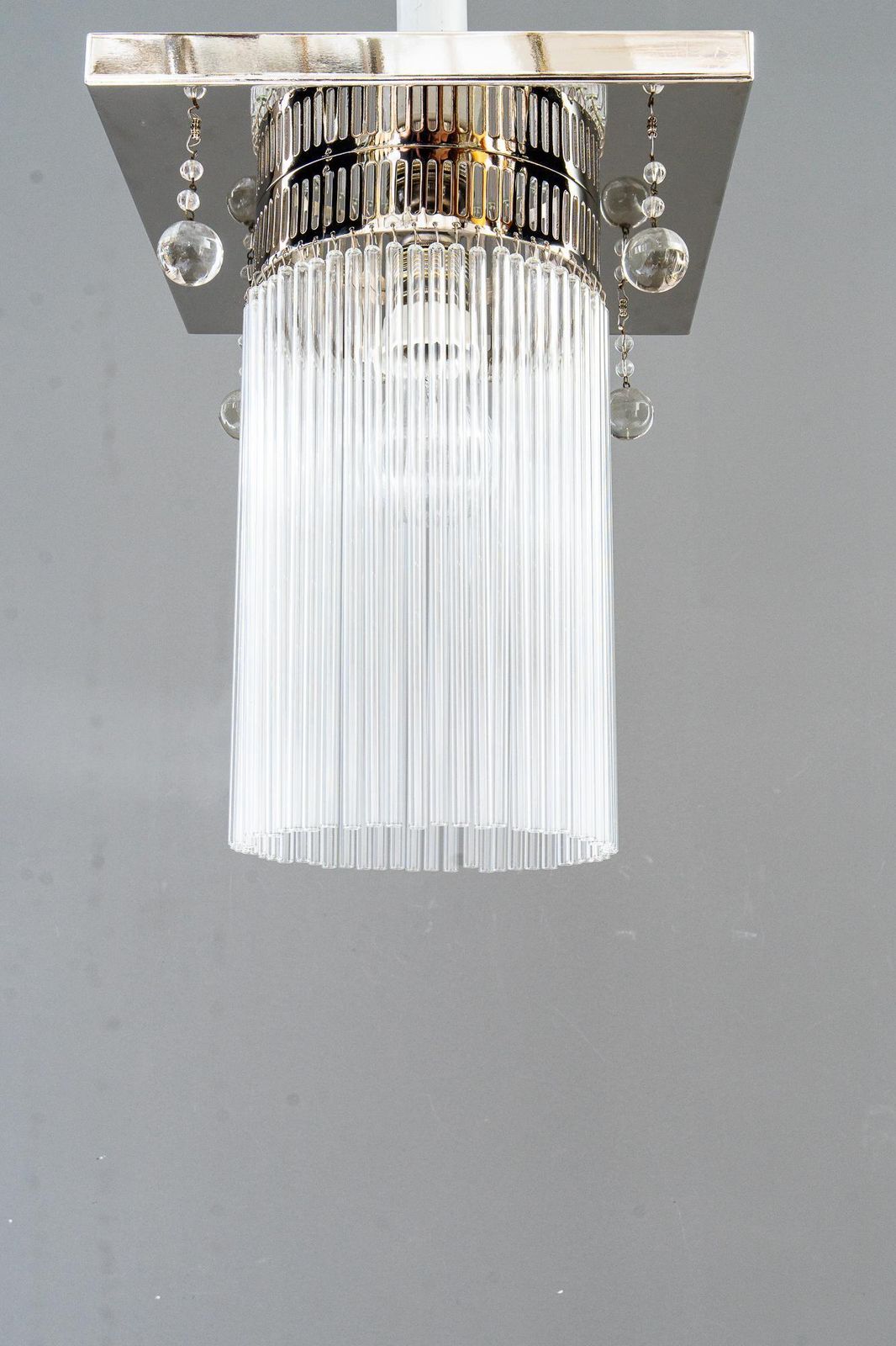 Art Deco Ceiling Lamp Nickel Plated With 4 Original Hanging Glass Parts 1920s photo 398.0