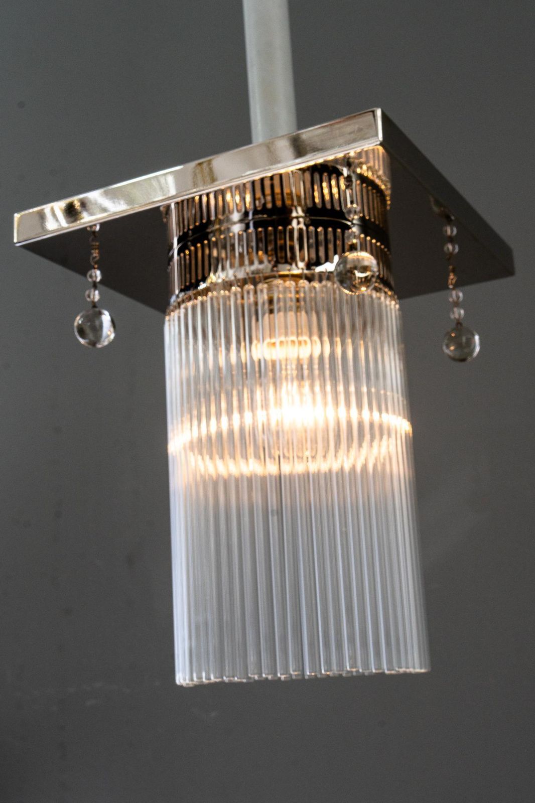photo furniture Art Deco Ceiling Lamp Nickel Plated With 4 Original Hanging Glass Parts 1920s