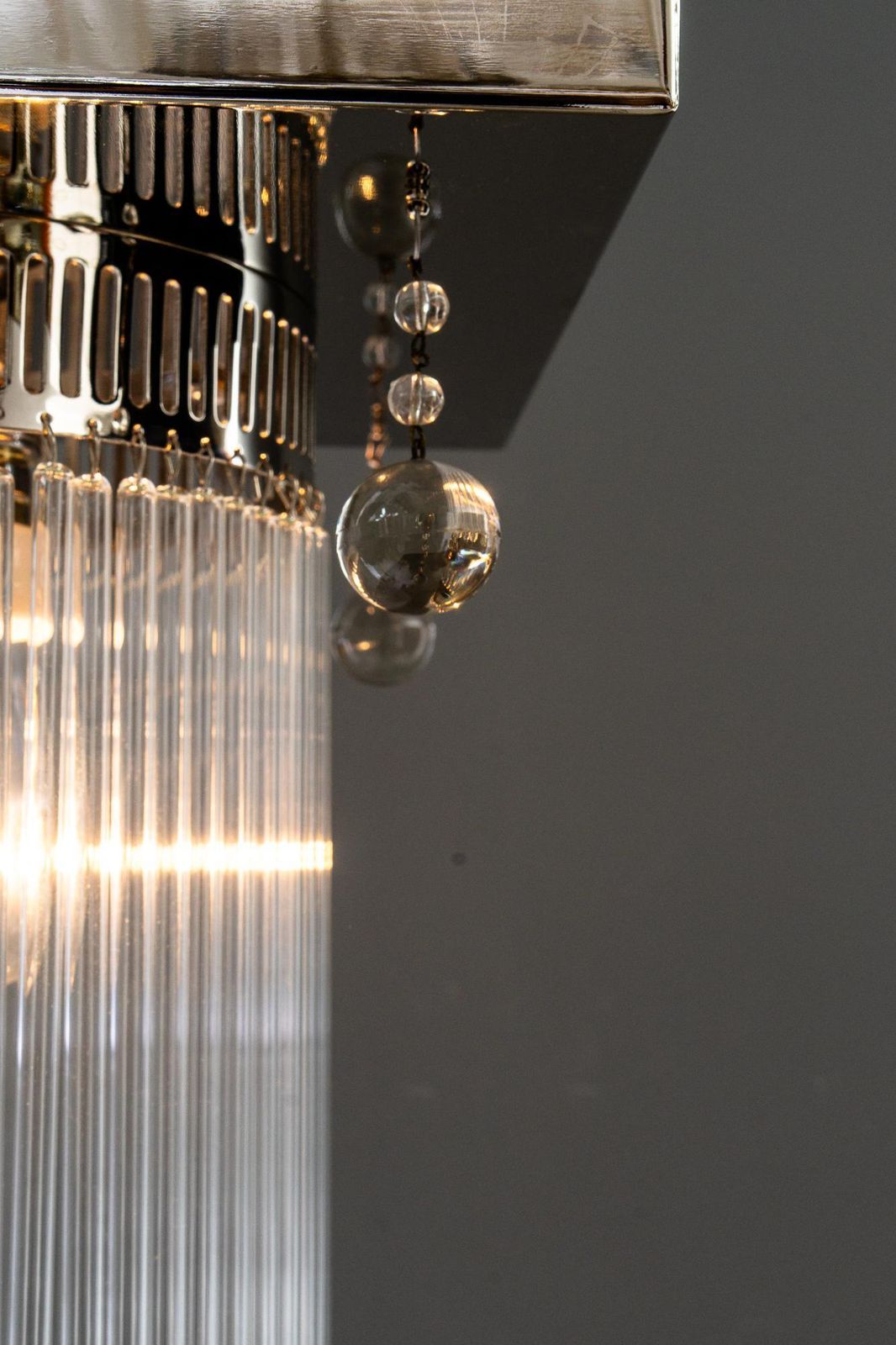 Lighting Art Deco Ceiling Lamp Nickel Plated With 4 Original Hanging Glass Parts 1920s photo