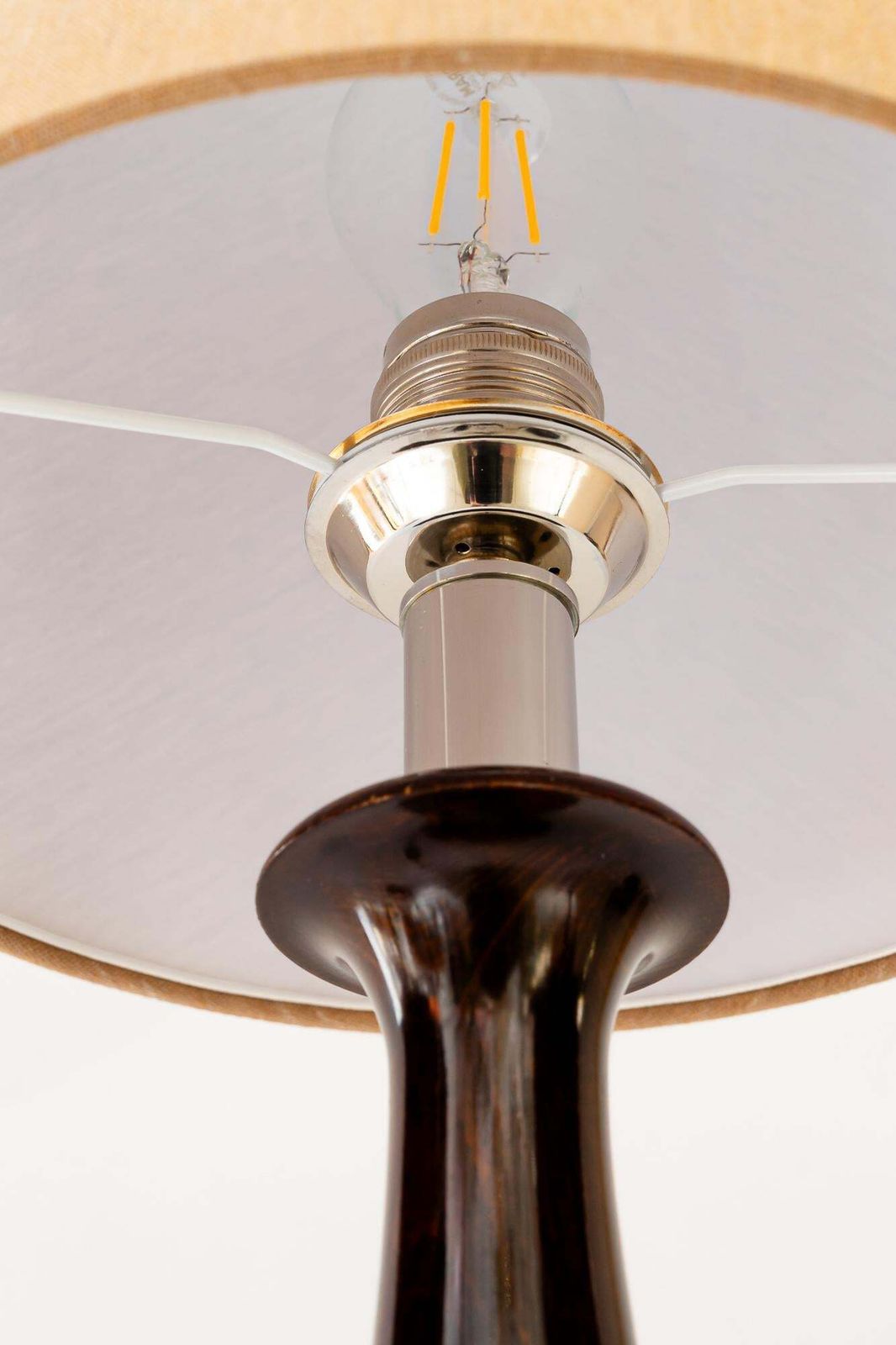 Art Deco Nickel Wood Table Lamp With Fabric Shade Vienna Around 1920s photo vinterior