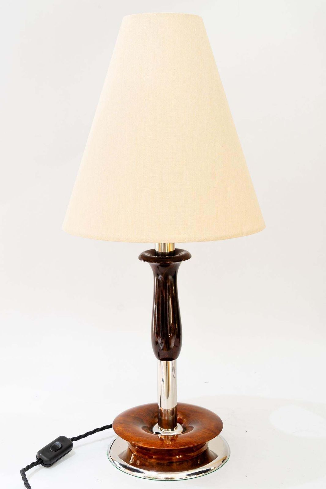 photo buy Art Deco Nickel Wood Table Lamp With Fabric Shade Vienna Around 1920s