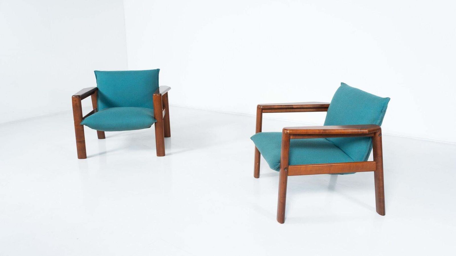 Mid Century Modern Pair Of Armchairs, Blue Fabric And Wood, Italy, 1960s photo for sale