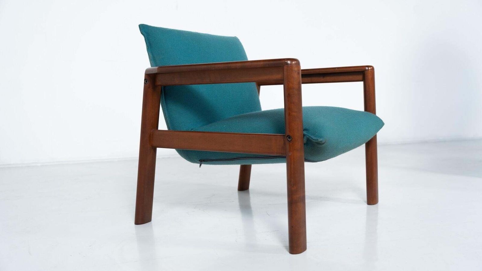 Mid Century Modern Pair Of Armchairs, Blue Fabric And Wood, Italy, 1960s photo vinterior