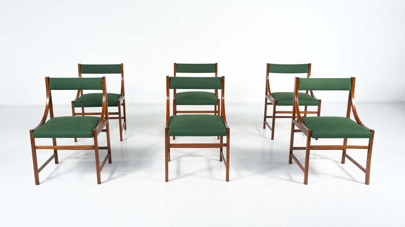 Mid Century Modern Set Of 6 Armchairs, Wood And Fabric, Italy, 1960s photo for sale