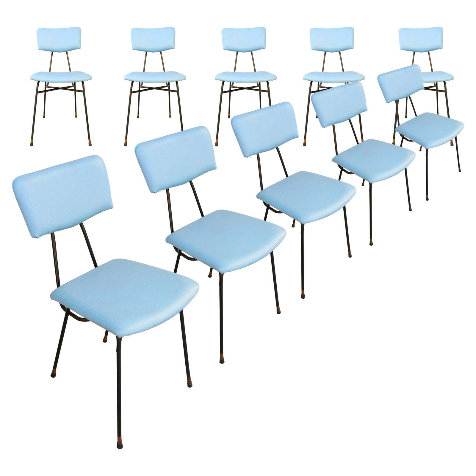 Luigi Scremin 10 Chairs Set Blue Leatherette And Melalic Structure, Italy, 1950
