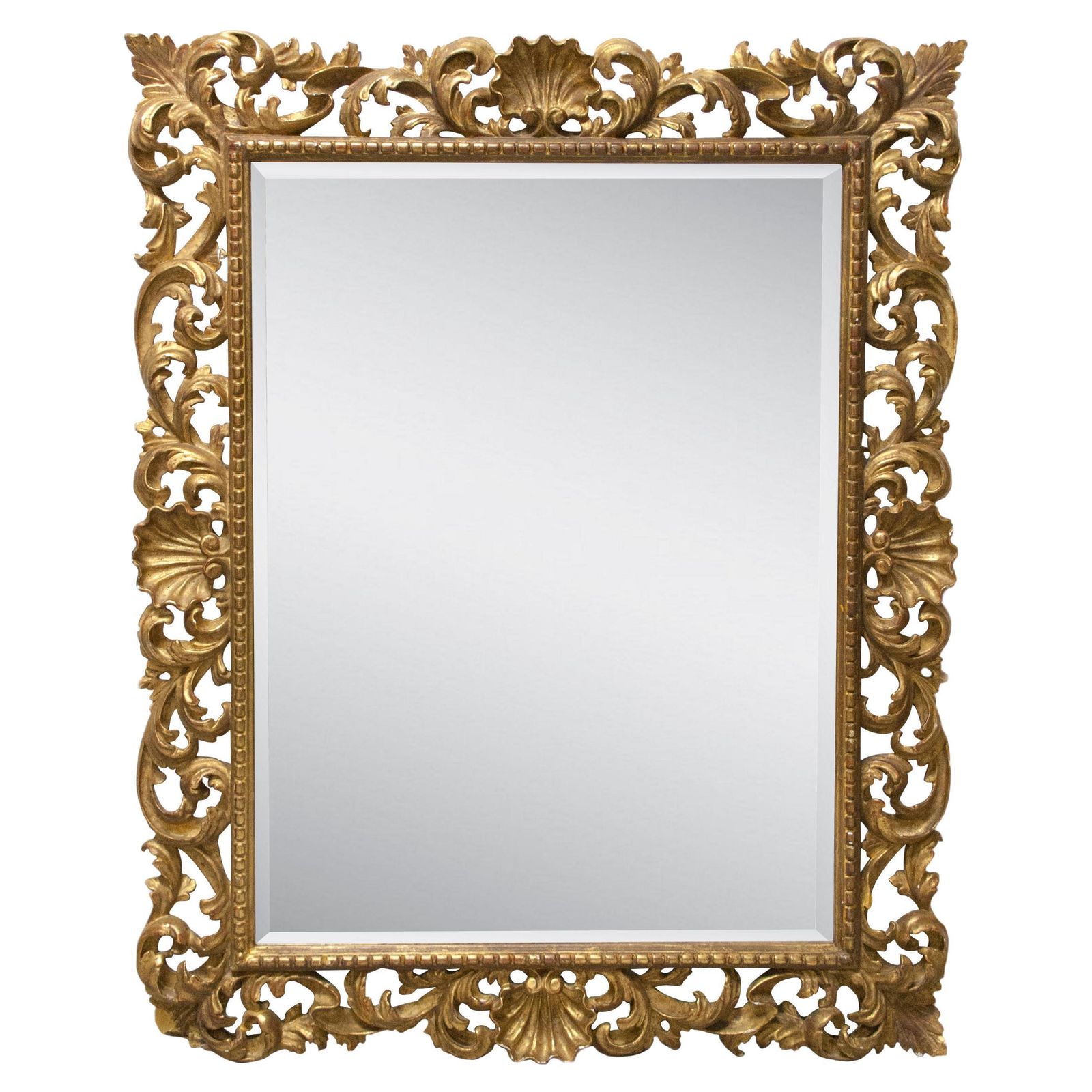 Art Nouveau Style Rectangular Gold Foil Hand Carved Wooden Mirror, 1970