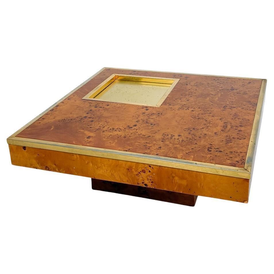 Mid Century Modern Coffee Table, Burl Wood And Brass, 1970s