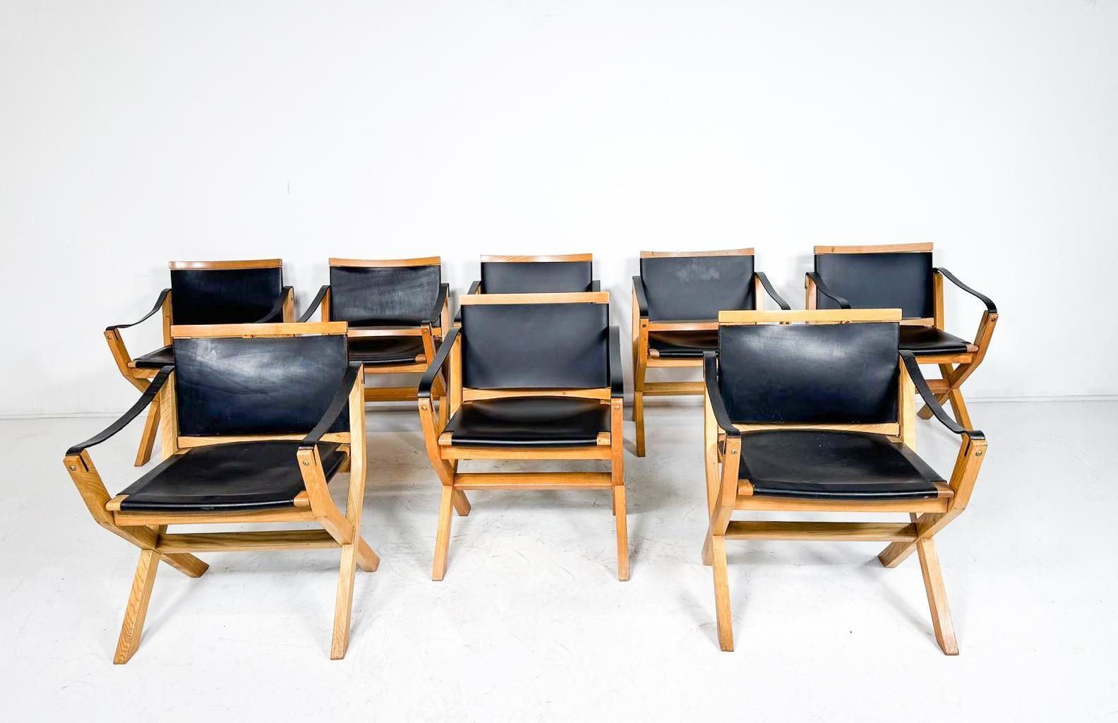 Mid Century Set Of 8 Kiu Armchairs By Luxoritalia, Ash Wood And Leather photo vinterior