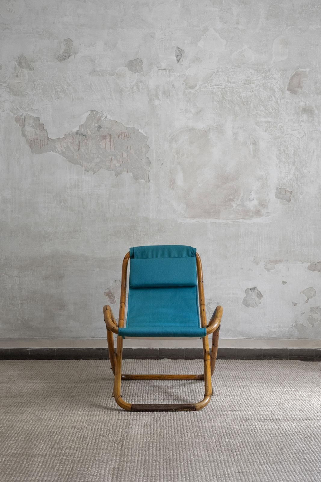 Pair Of Foldable Reclining Armchairs In Curved Bamboo, Italy 1970s photo for sale