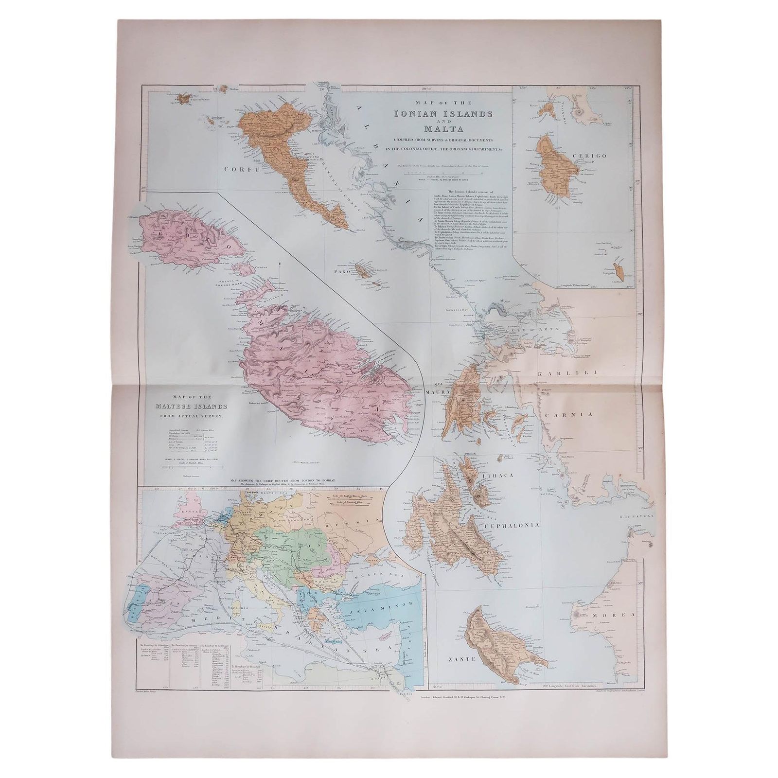 Large Original Antique Map Of The Greek Islands. 1894