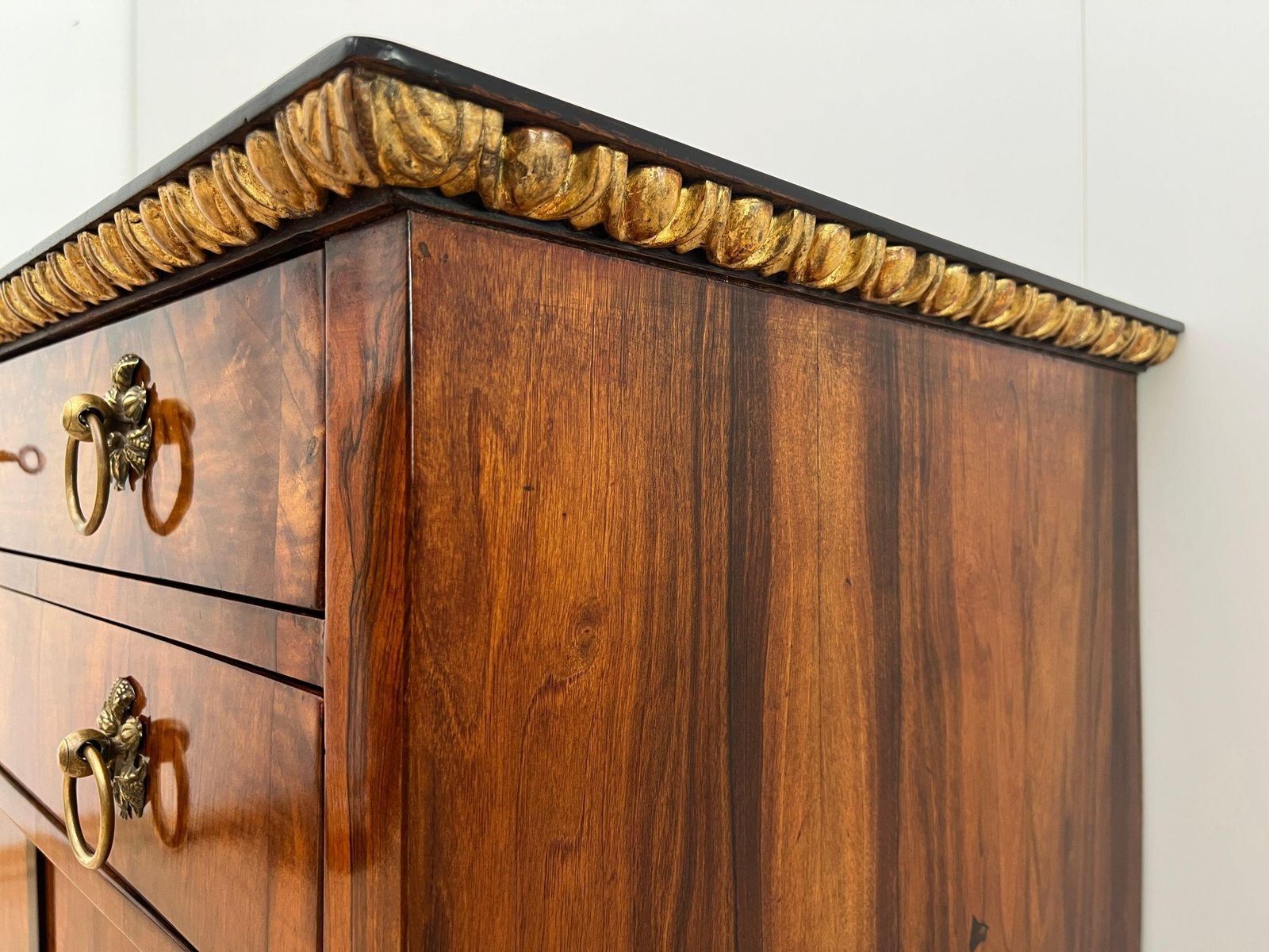 photo vinterior Biedermeier Chest, Walnut Veneer, Cherry, Gold Leaf, Brass, Austria Circa 1815