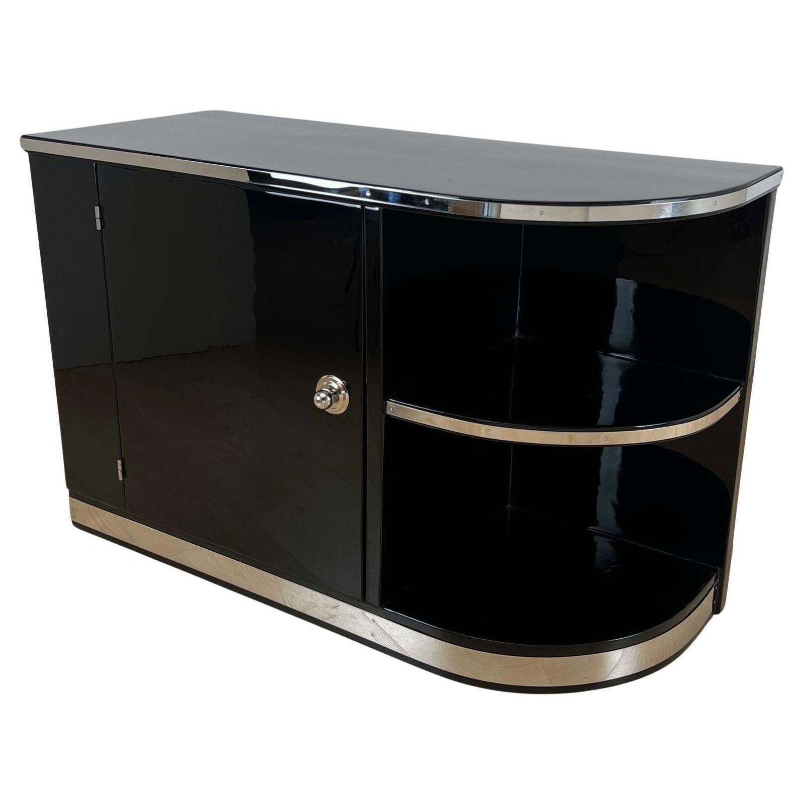 Art Deco Lowboard, Black Lacquer, Chrome Fittings, France Circa 1930