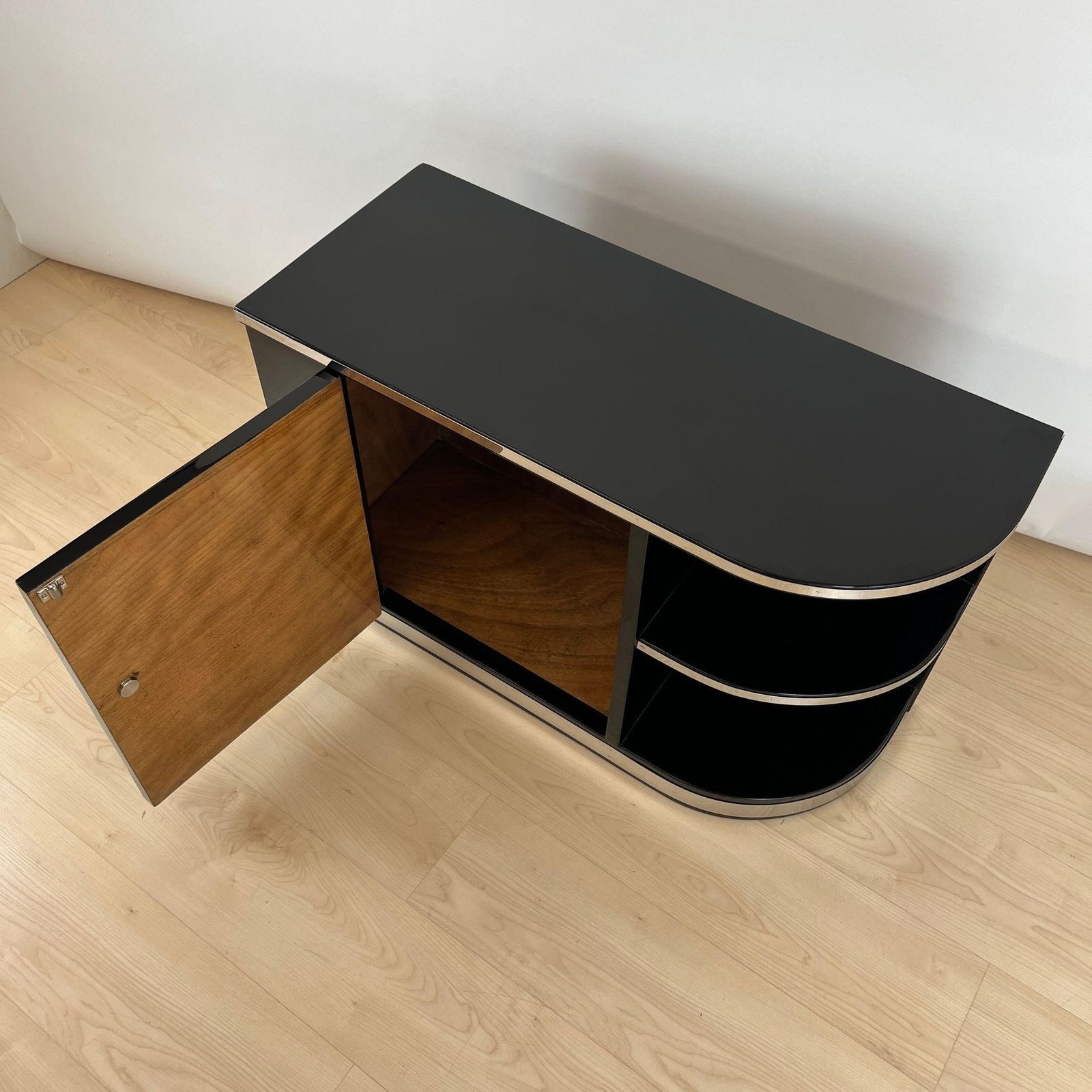 photo for sale Art Deco Lowboard, Black Lacquer, Chrome Fittings, France Circa 1930