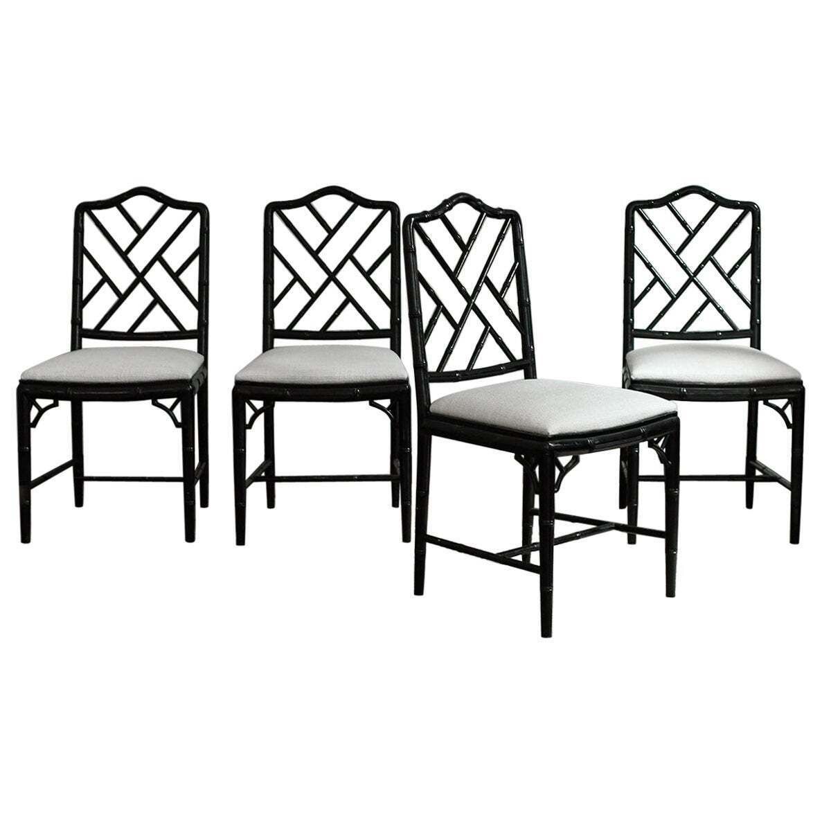 Set Of 4 Chippendale Style Faux Bamboo Black Lacquered Chairs, 1970s